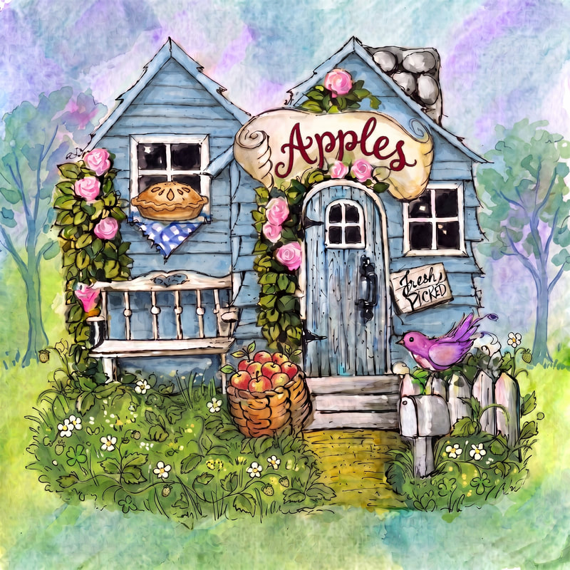 Whimsical watercolor of a leaning blue clapboard cottage with an 'Apples' sign, climbing pink roses, a basket of apples, and a bird on the mailbox.