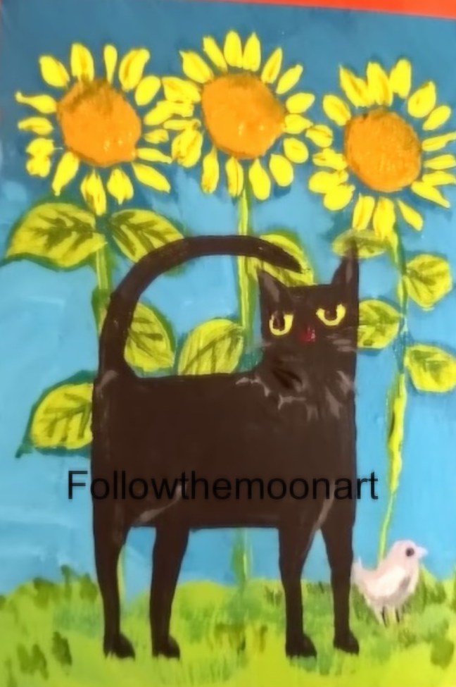 Naive folk painting of a black cat with a curled tail standing before three tall sunflowers and a small white hen, against a bright blue sky.