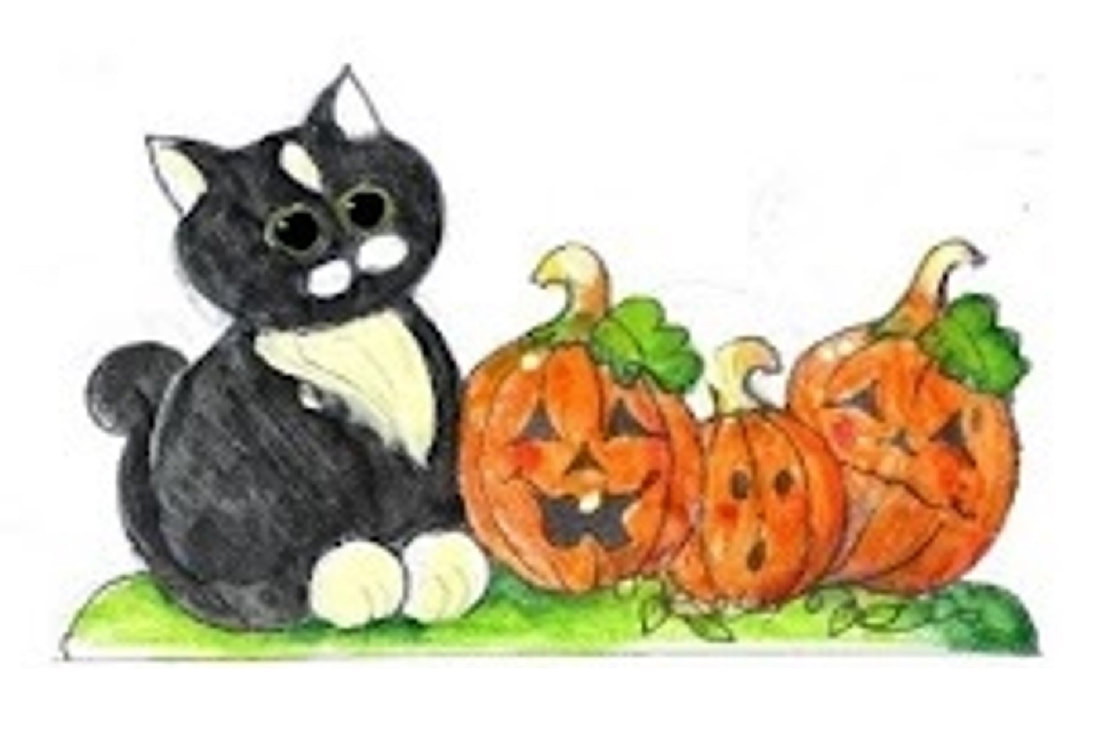 Illustration of a tuxedo cat looking over its shoulder at three grinning jack-o-lanterns on a strip of green grass.