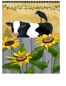 Primitive folk-art painting of a black-and-white cow with a crow on its back behind a fence, framed by bright sunflowers.