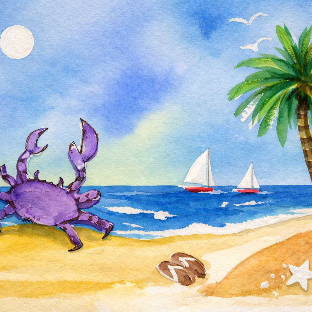 Coastal watercolor of a purple crab on a sandy beach with a palm tree, two red-hulled sailboats, gulls, and a starfish.