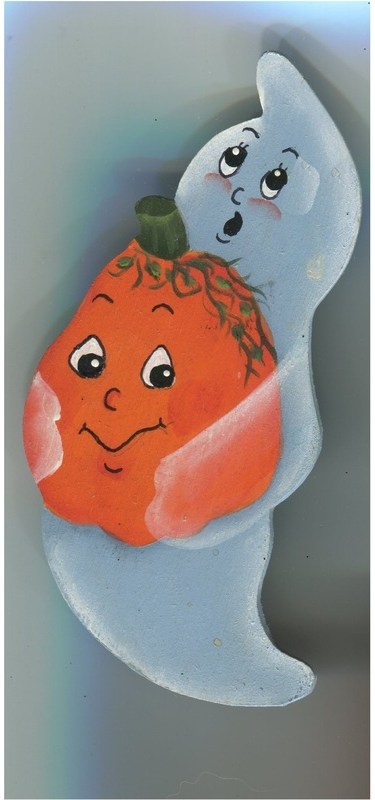 Hand-painted wood cutout of a surprised pale-blue ghost hugging a smiling jack-o-lantern pumpkin.