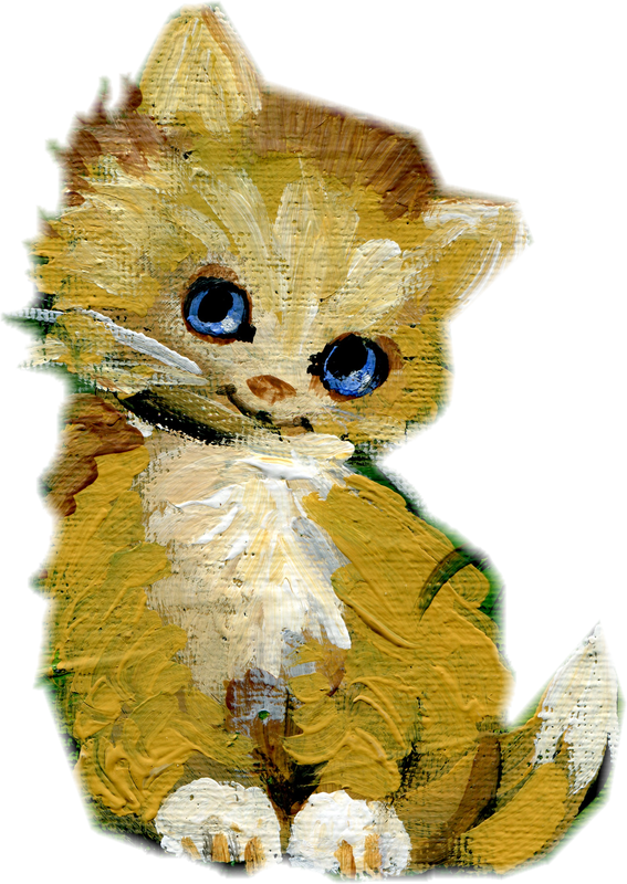 Painting of a fluffy golden kitten with big blue eyes and white paws, looking over its shoulder.