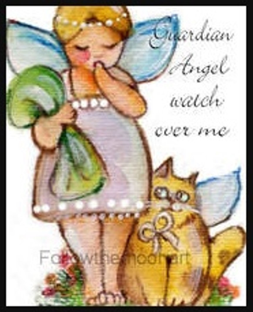 Soft watercolor of a folk-art angel with blue wings and a pearl-trimmed dress beside a golden cat with a bow, lettered 'Guardian Angel watch over me'.
