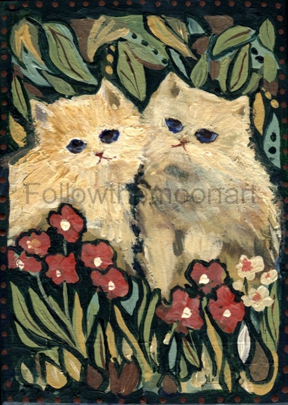 Folk-art painting of two fluffy cream kittens with blue eyes framed by dark leaves, red flowers, and daffodils.