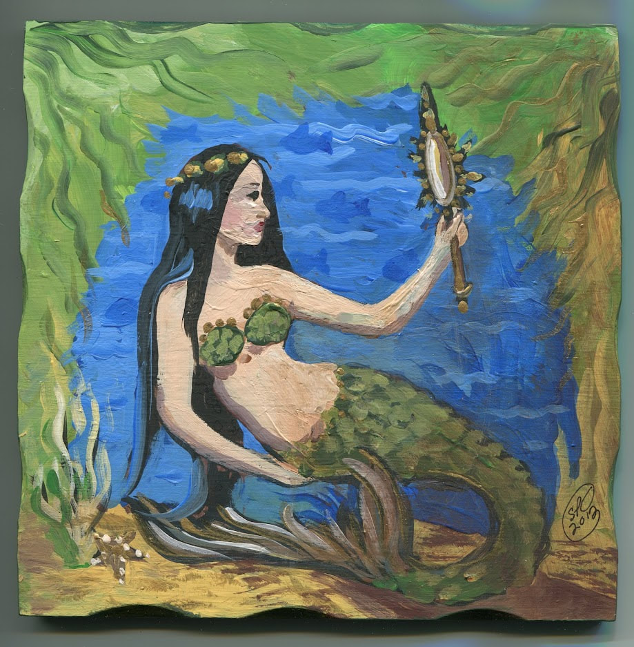 Folk-art painting of a dark-haired mermaid with a green tail holding up an ornate hand mirror against blue water and green seagrass, signed by the artist.