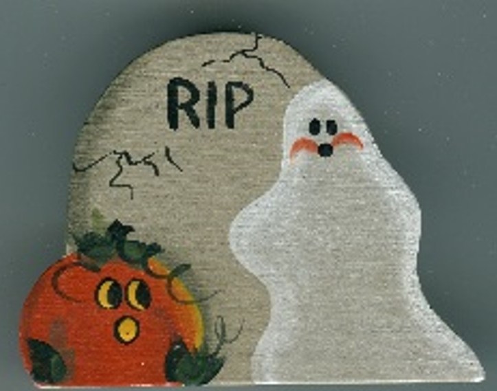 Hand-painted wood cutout of a little ghost peeking from behind an 'RIP' tombstone next to a startled orange pumpkin.