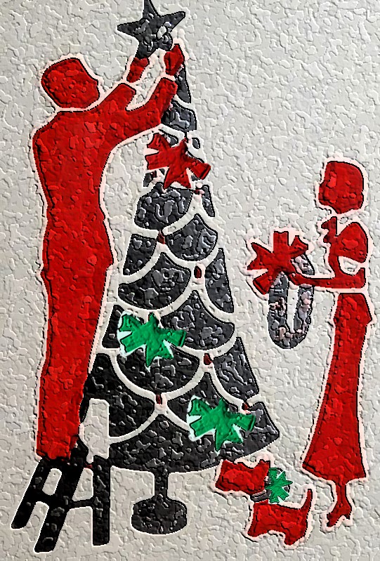 Red, green, and black textured folk-art scene of a couple in silhouette trimming a Christmas tree, with a dog carrying a wreath.