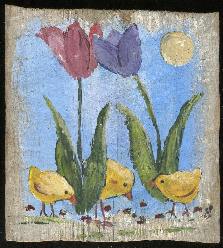 Primitive painting on weathered barnwood of three yellow chicks pecking beneath tall pink and purple tulips under a pale sun.